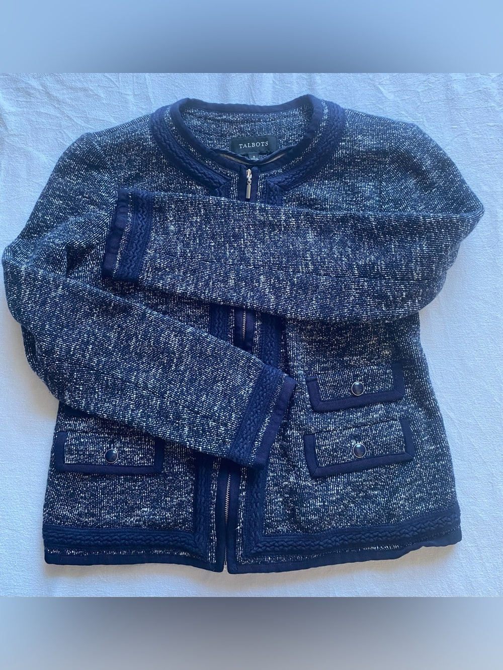 Talbots Tweed knit Blazer Braided Trim pocket full zip Navy and White SZ 4